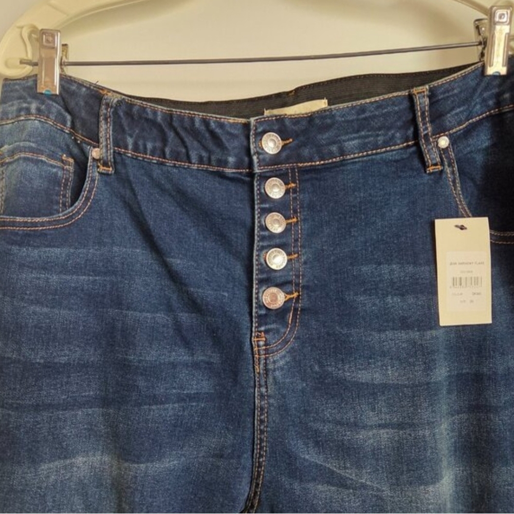 Areology Dark Blue Button-Fly Flare Jeans Raw Hem - Picture 2 of 6